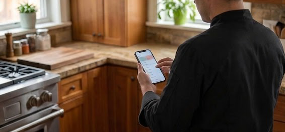 Personal chef using the app on a phone in a kitchen
